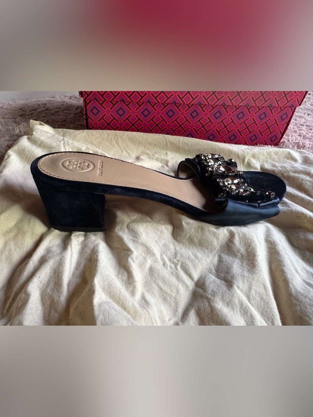 Tory Burch Black Jeweled Bow Slide Mules - Picture 4 of 4
